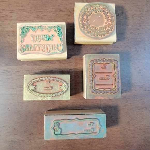 Lot of 5 wooden block rubber stamps for Christmas gift wrap crafting - Picture 6 of 10